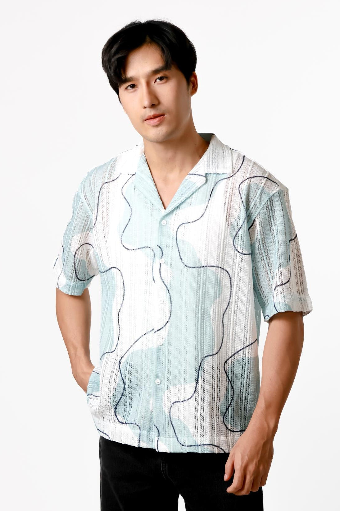 Abstract Line Open Collar Polo – Sky