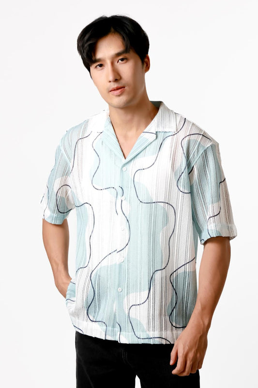 Abstract Line Open Collar Polo – Sky