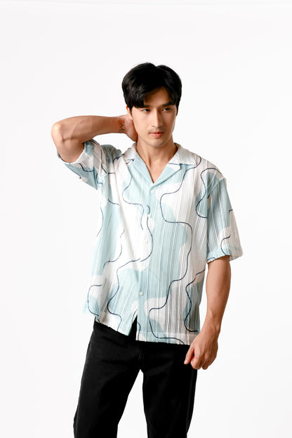 Abstract Line Open Collar Polo – Sky