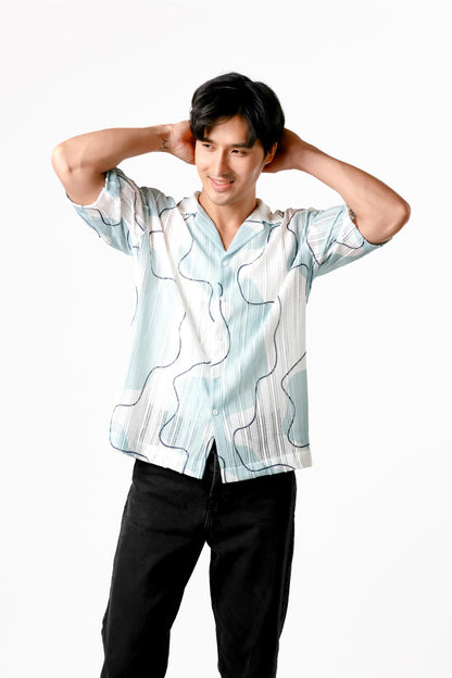 Abstract Line Open Collar Polo – Sky