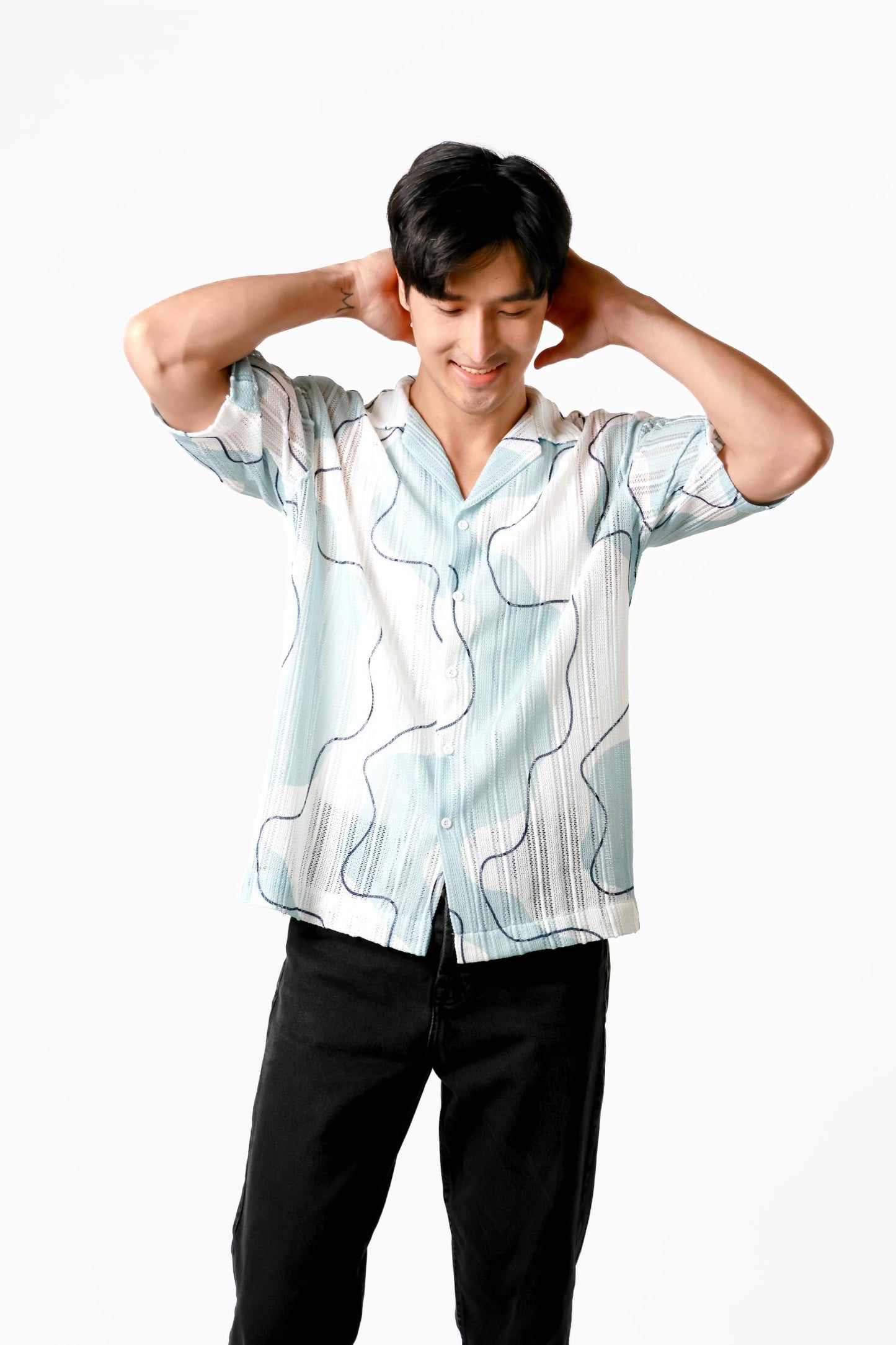 Abstract Line Open Collar Polo – Sky