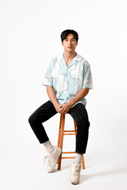 Abstract Line Open Collar Polo – Sky