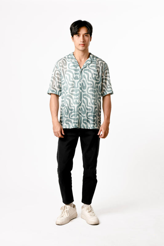 Abstract Print Open Collar Polo – Teal