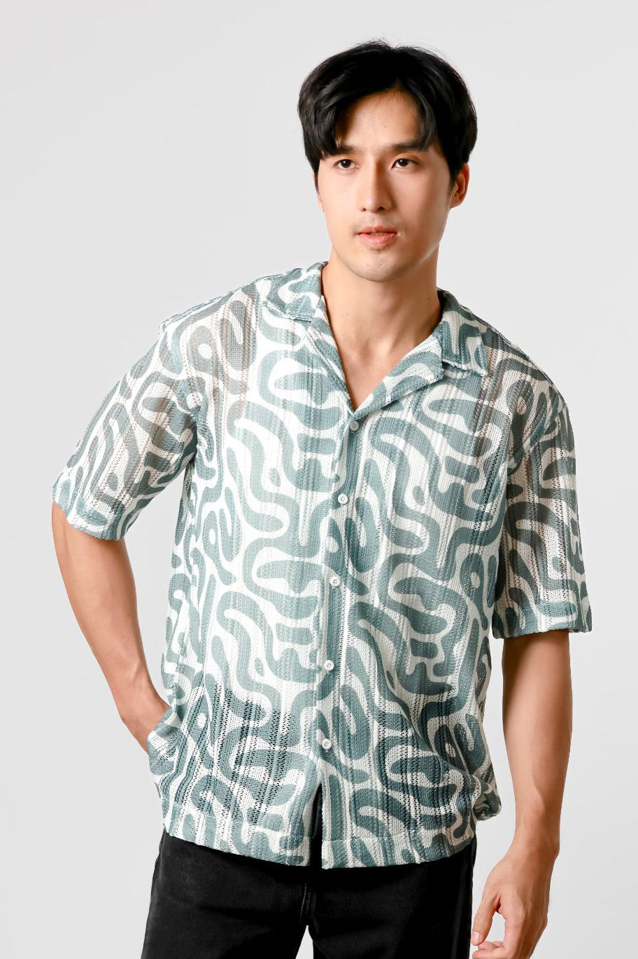 Abstract Print Open Collar Polo – Teal