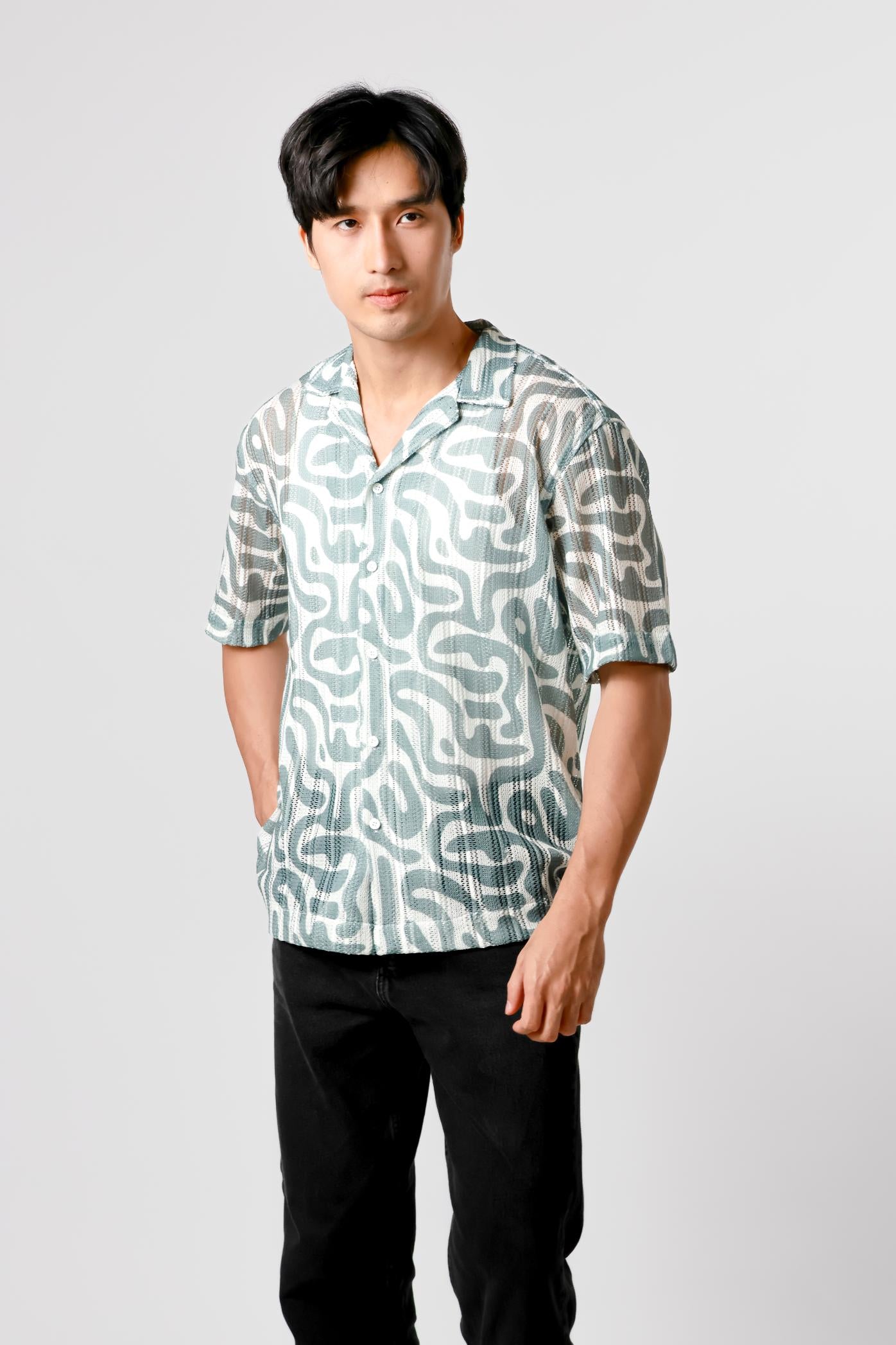Abstract Print Open Collar Polo – Teal