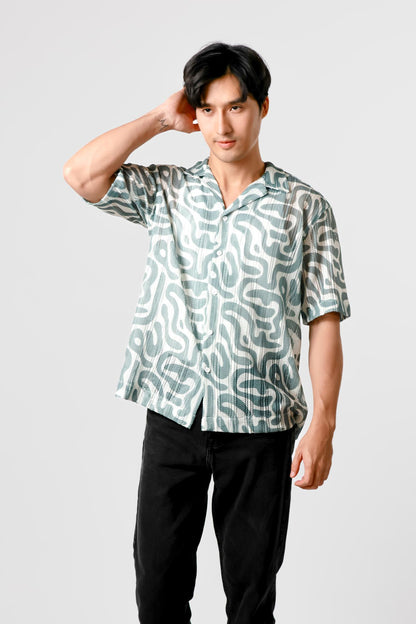 Abstract Print Open Collar Polo – Teal