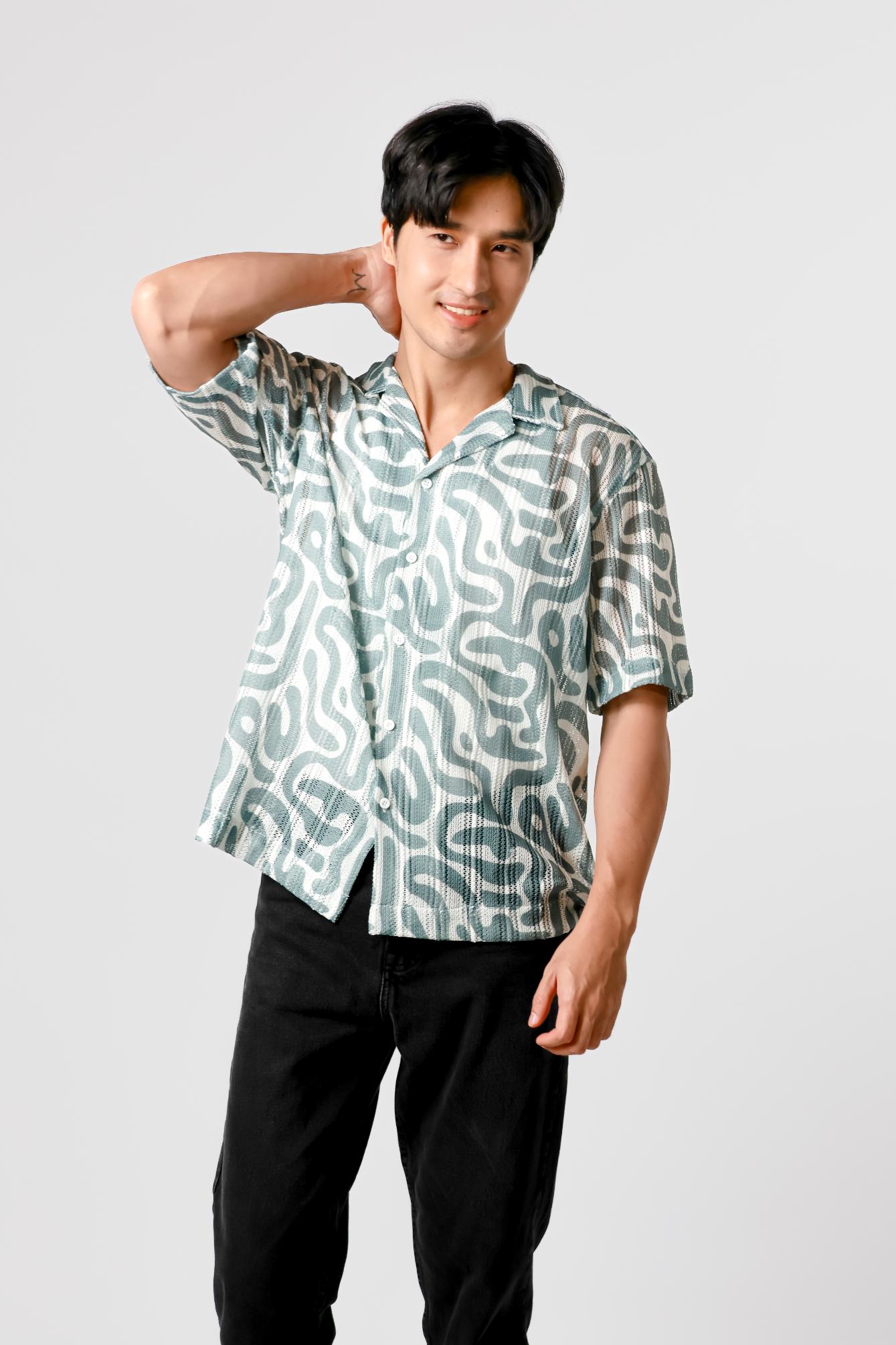 Abstract Print Open Collar Polo – Teal