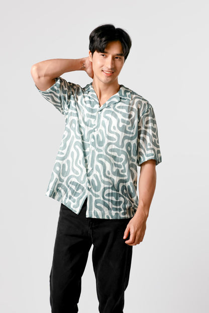 Abstract Print Open Collar Polo – Teal