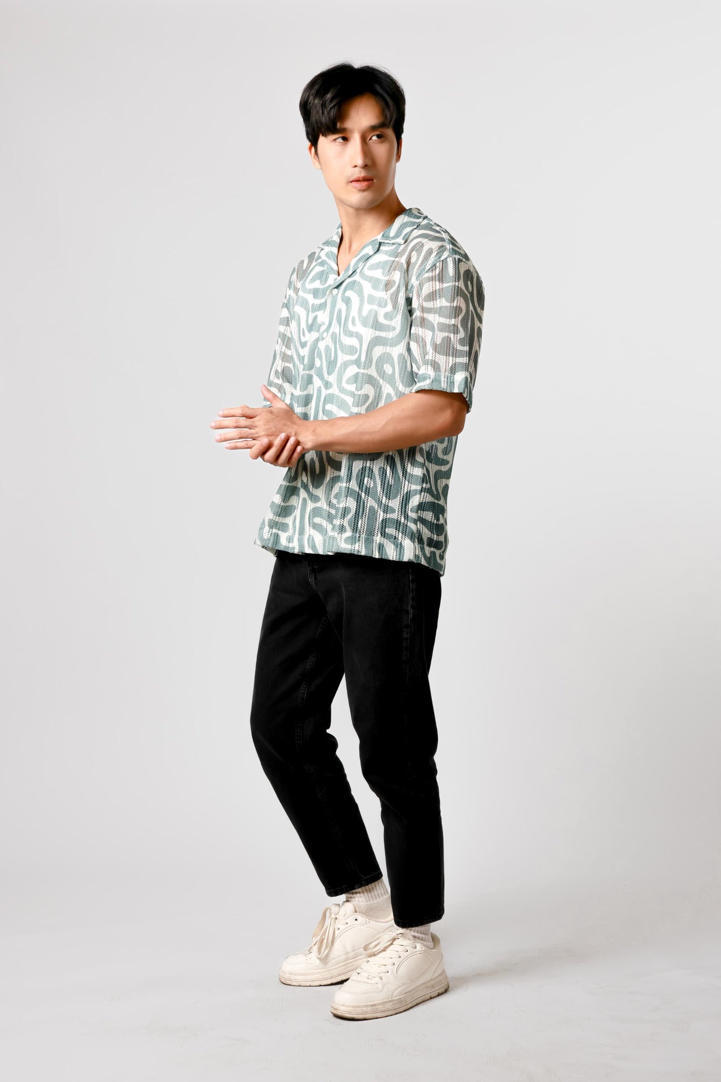 Abstract Print Open Collar Polo – Teal