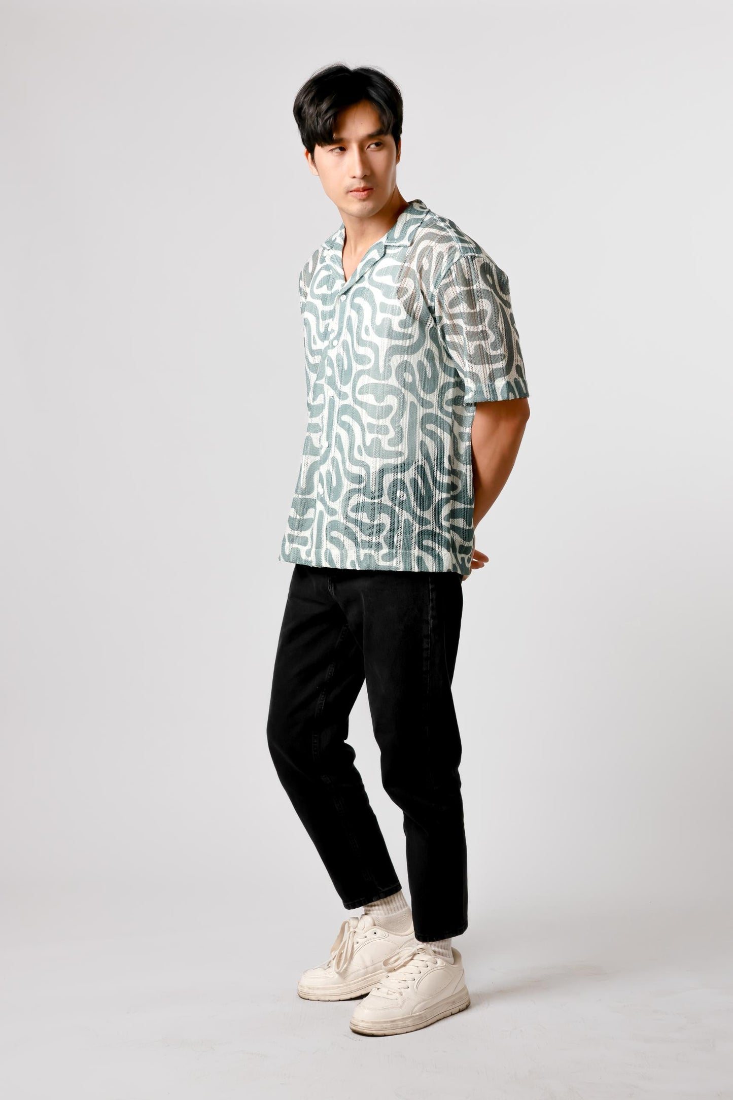 Abstract Print Open Collar Polo – Teal