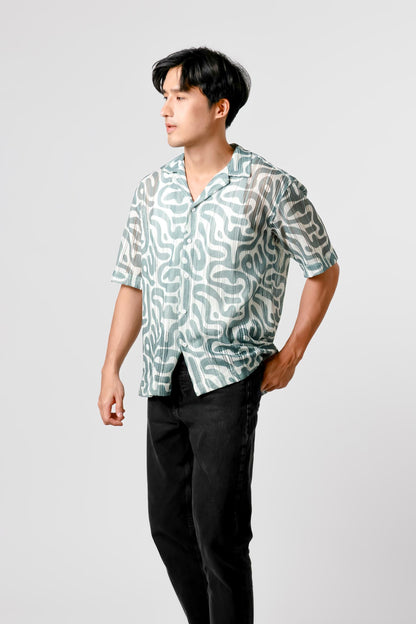 Abstract Print Open Collar Polo – Teal