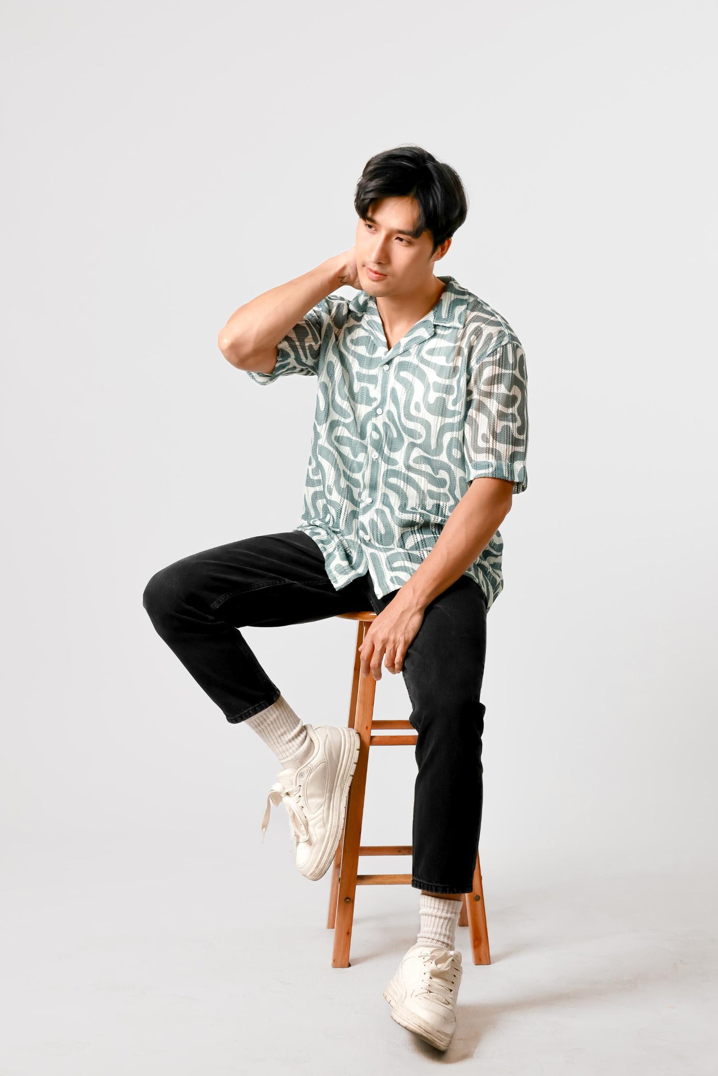 Abstract Print Open Collar Polo – Teal