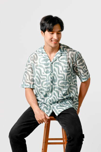 Abstract Print Open Collar Polo – Teal