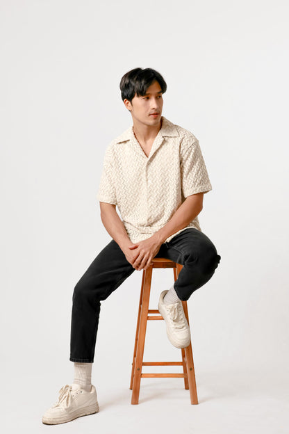 Chevron Weave Open Collar Polo – Light Sand