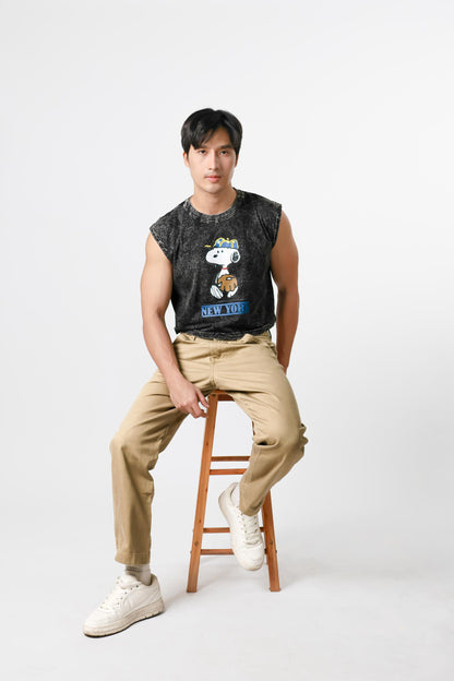 Snoopy Graphic Cropped Muscle Tee — Washed Black