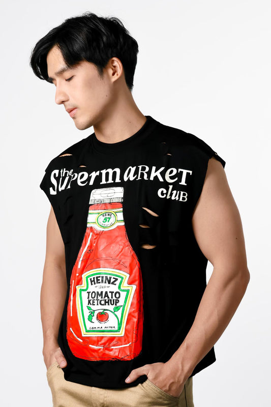 Supermarket Club Distressed Muscle Tee — Black