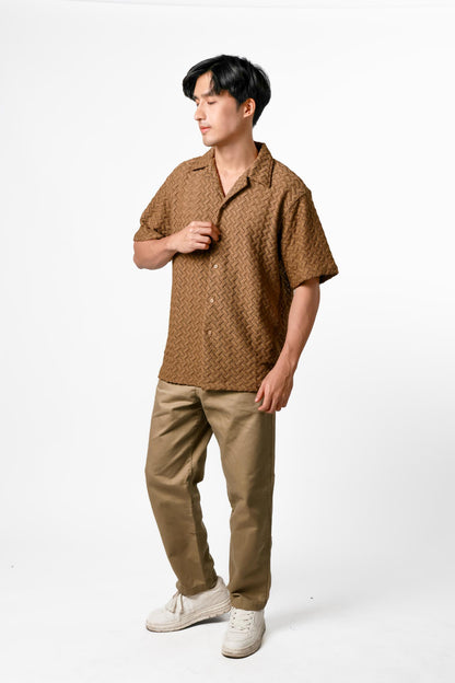 Chevron Weave Open Collar Polo – Warm Taupe
