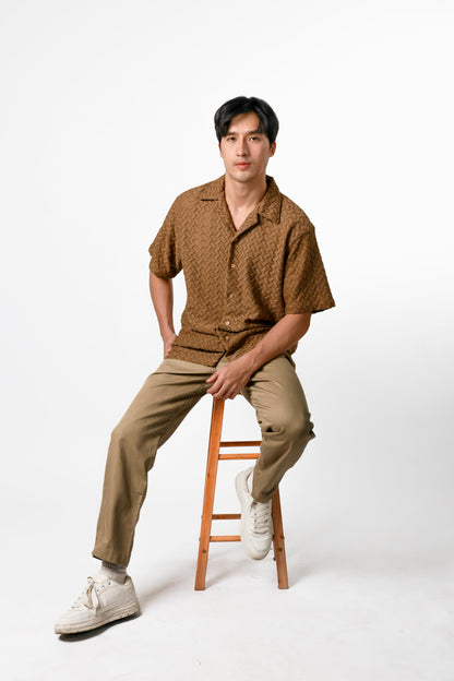 Chevron Weave Open Collar Polo – Warm Taupe