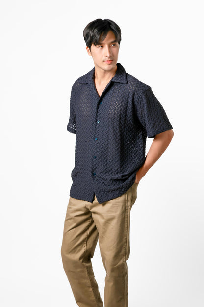 Chevron Weave Open Collar Polo – Midnight Navy