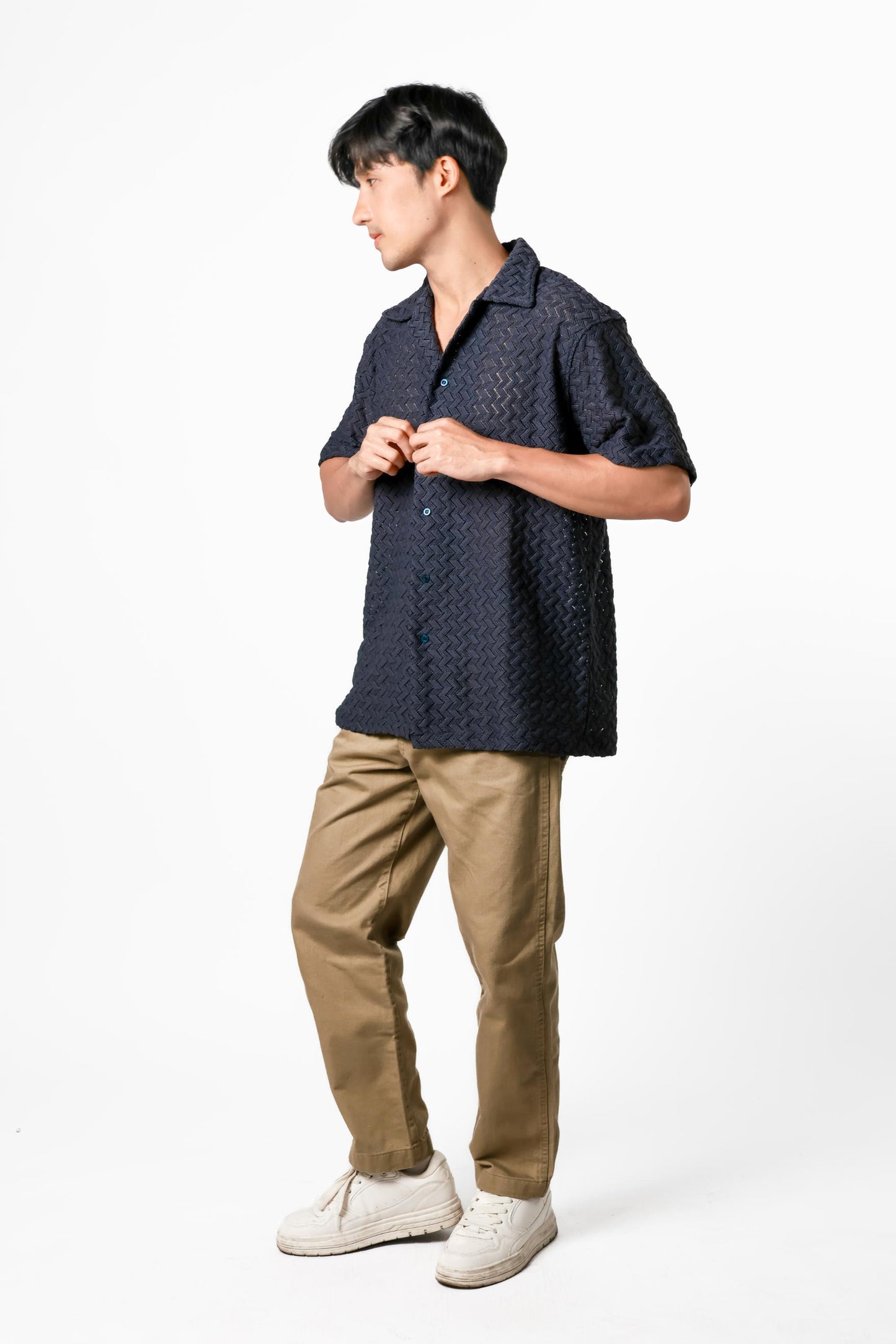 Chevron Weave Open Collar Polo – Midnight Navy
