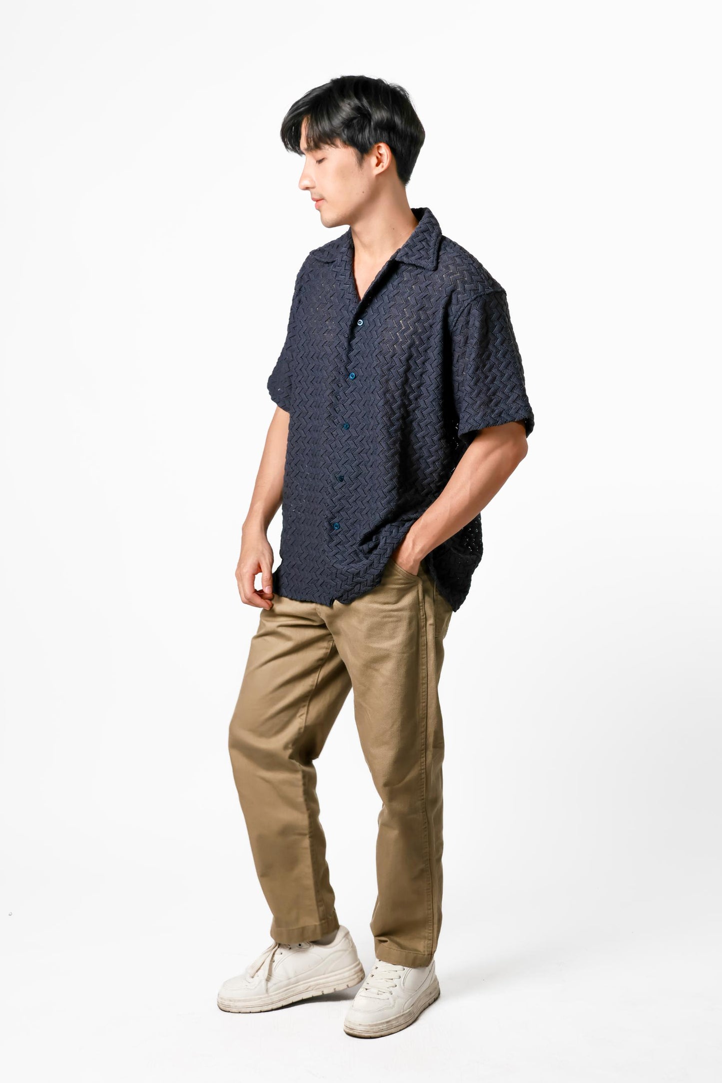 Chevron Weave Open Collar Polo – Midnight Navy
