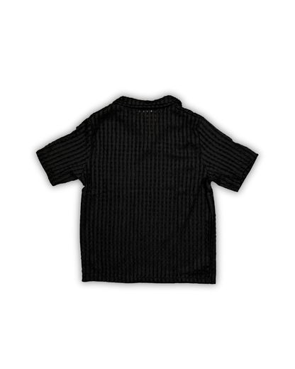 Black Textured Knit Open Collar Polo