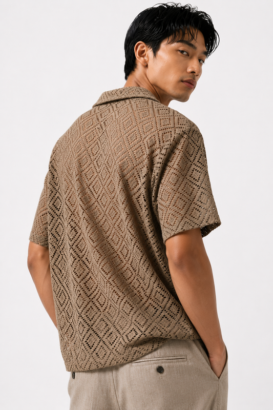 Diamond Weave Open Collar Polo – Sand