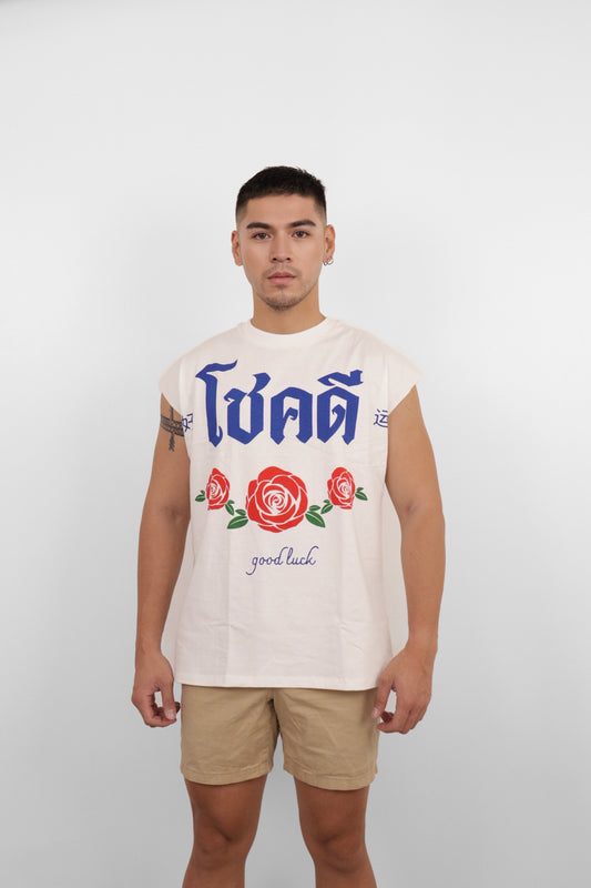 White Good Luck Rose Muscle Tee