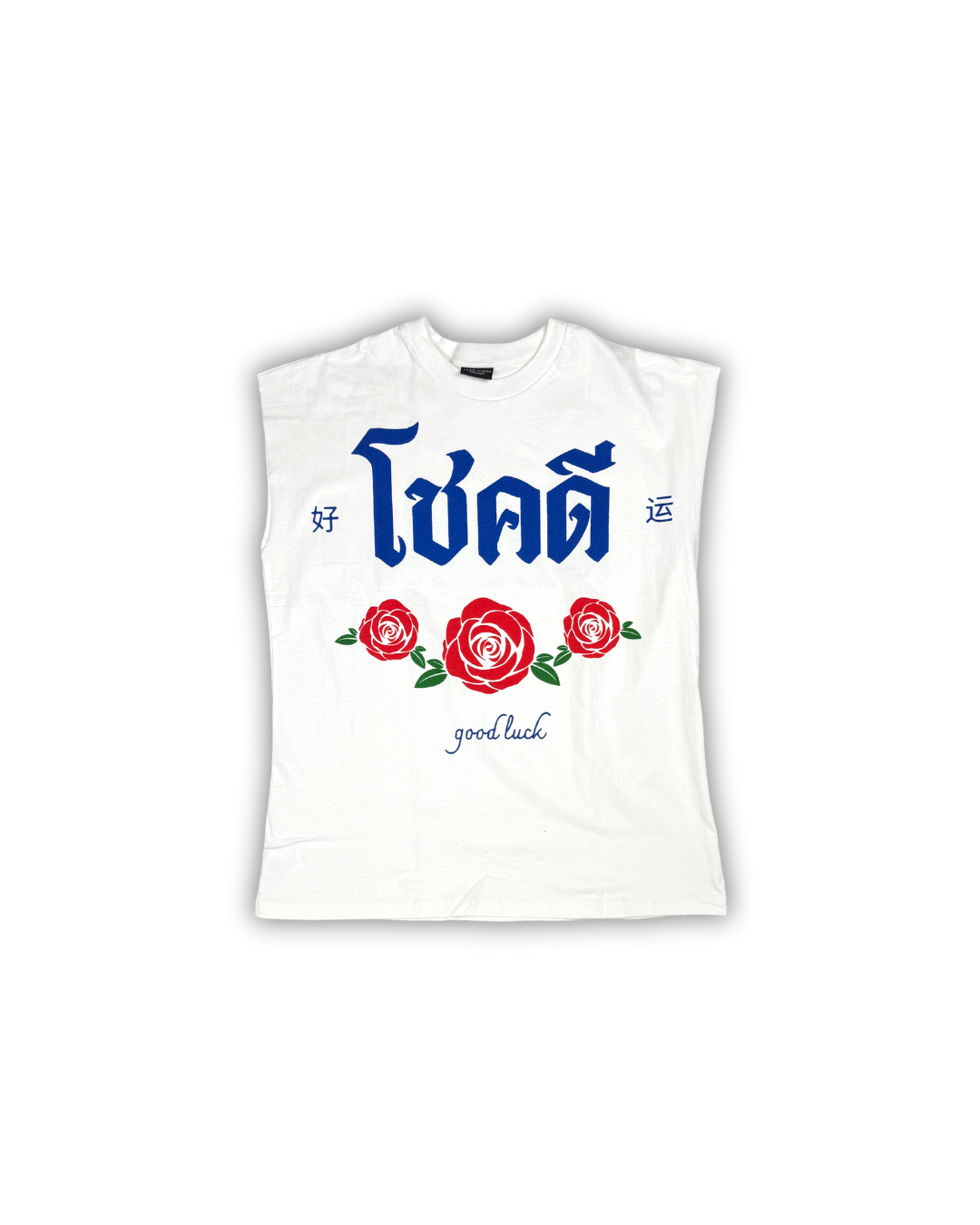 White Good Luck Rose Muscle Tee