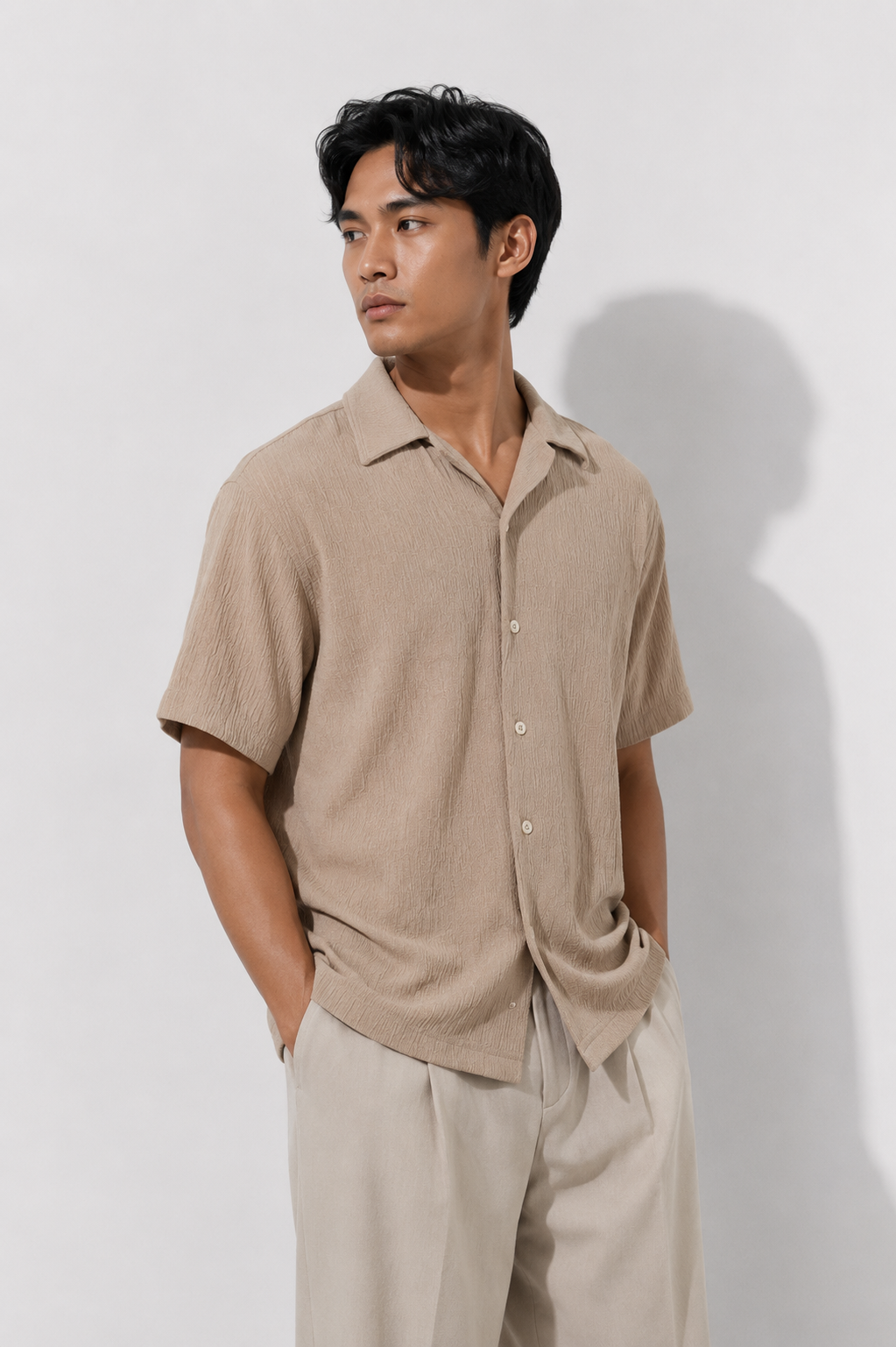 Beige Seersucker Camp Shirt