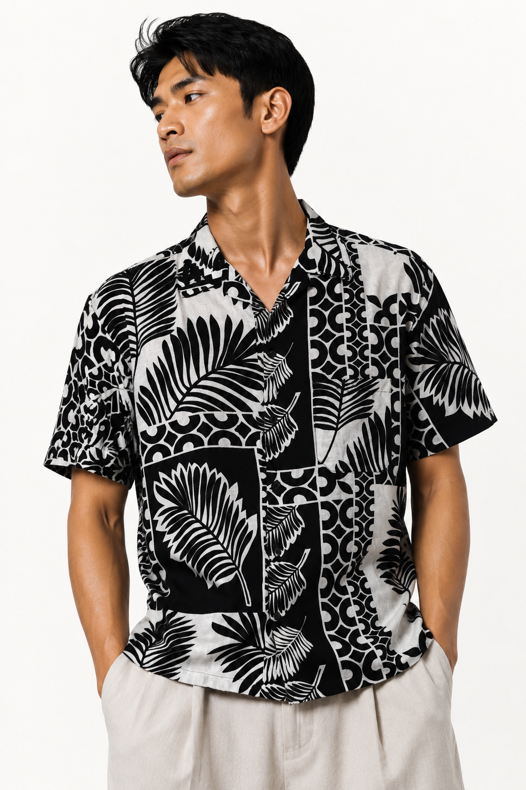 Monochrome Leaf Block Camp Shirt