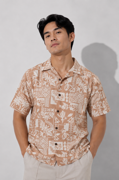 Taupe Tile Print Camp Shirt