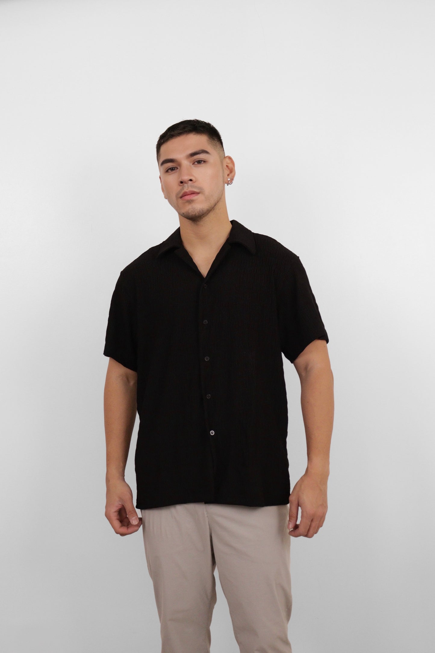 Black Seersucker Camp Shirt