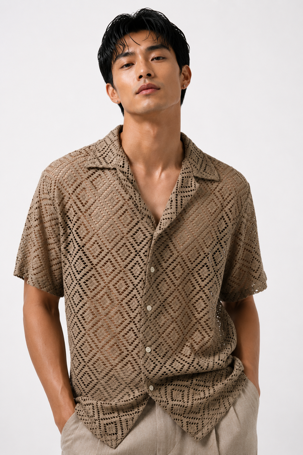 Diamond Weave Open Collar Polo – Sand