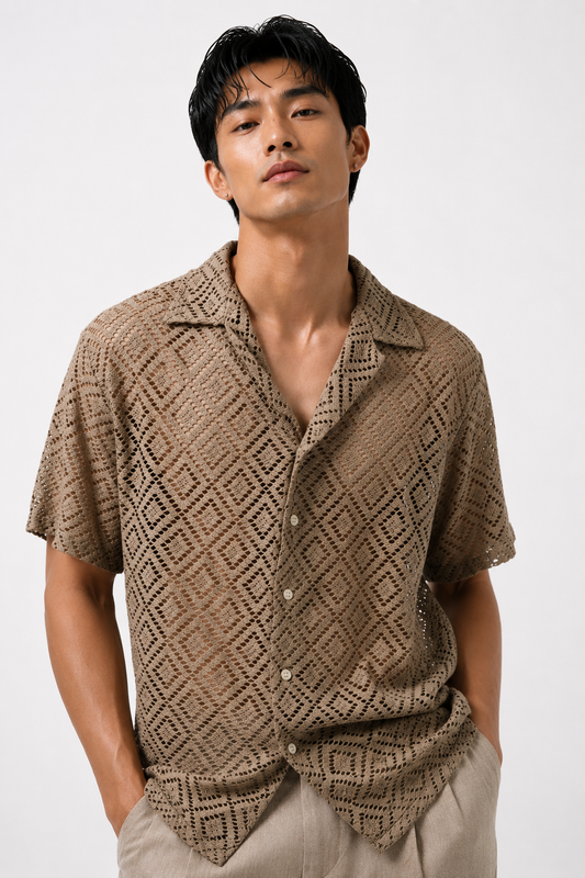 Diamond Weave Open Collar Polo – Sand