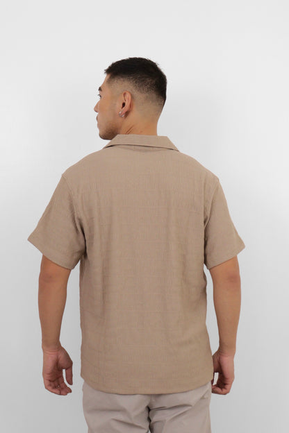 Beige Seersucker Camp Shirt