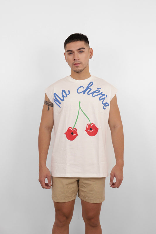 White Ma Chérie Cherry Graphic Muscle Tee