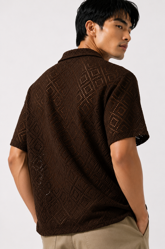 Diamond Weave Open Collar Polo – Deep Brown