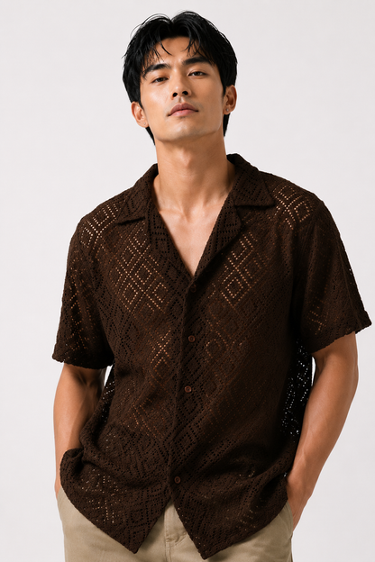 Diamond Weave Open Collar Polo – Deep Brown