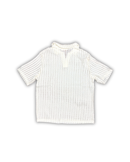 White Textured Knit Open Collar Polo