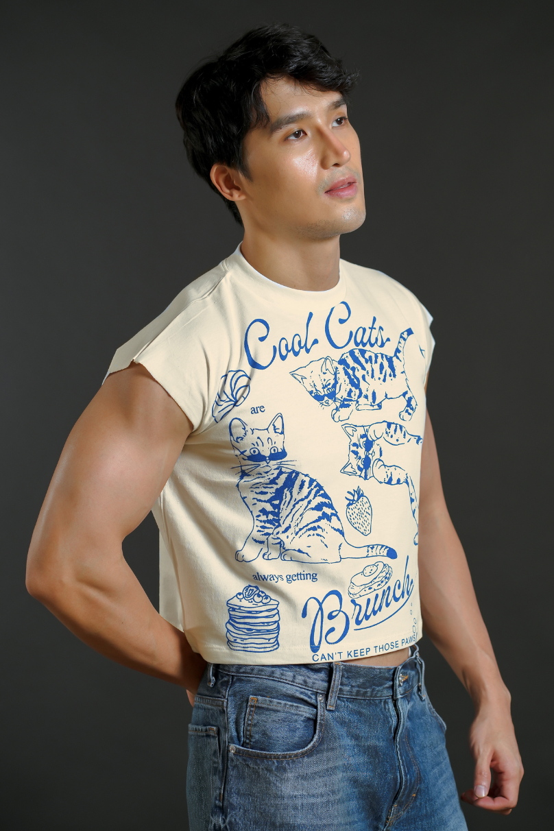 Cool Cats Brunch Cropped Muscle Tee — Cream