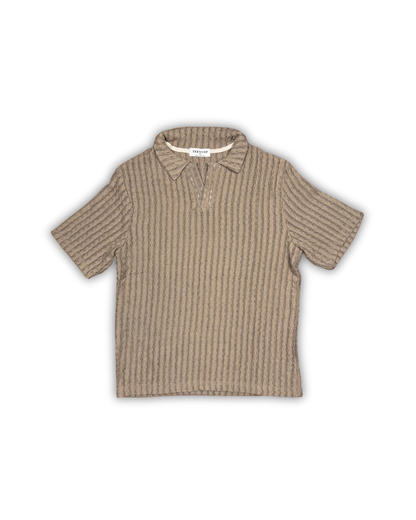 Beige Textured Knit Open Collar Polo