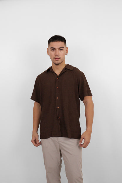 Brown Seersucker Camp Shirt