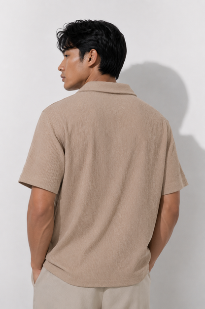 Beige Seersucker Camp Shirt