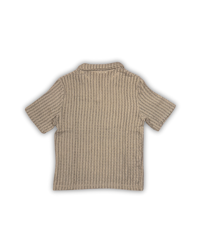 Beige Textured Knit Open Collar Polo
