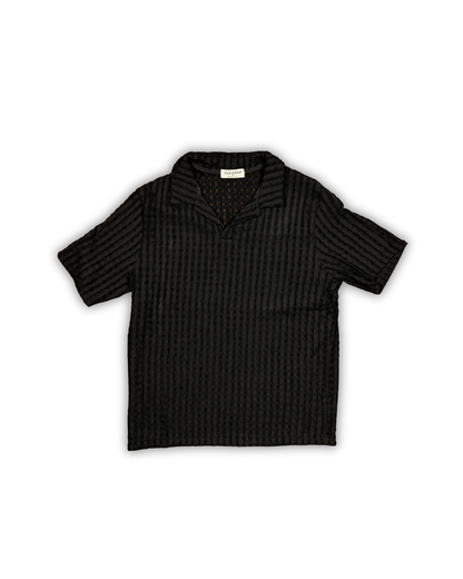 Black Textured Knit Open Collar Polo