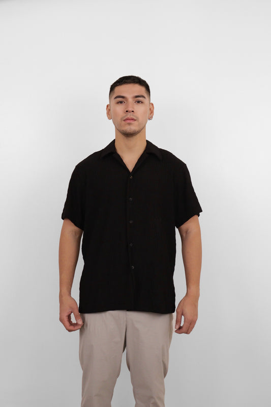 Black Seersucker Camp Shirt