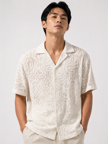 Textured Swirl Open Collar Polo – Light Sand
