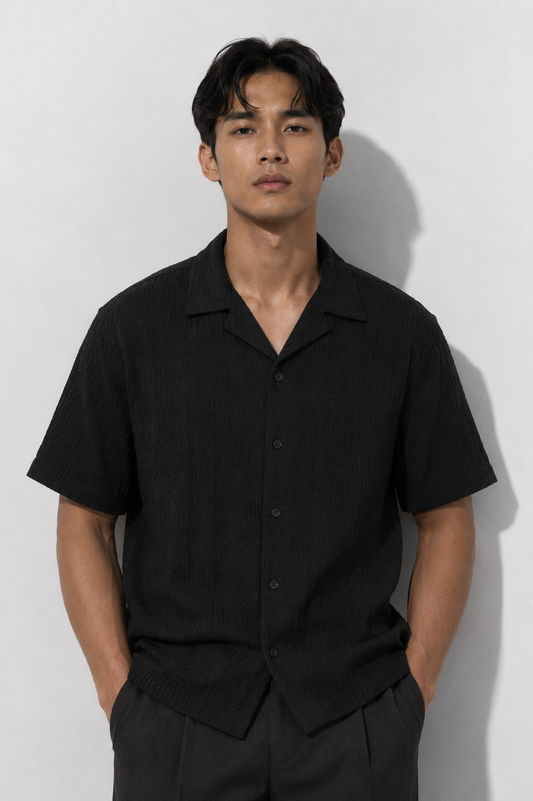 Black Seersucker Camp Shirt