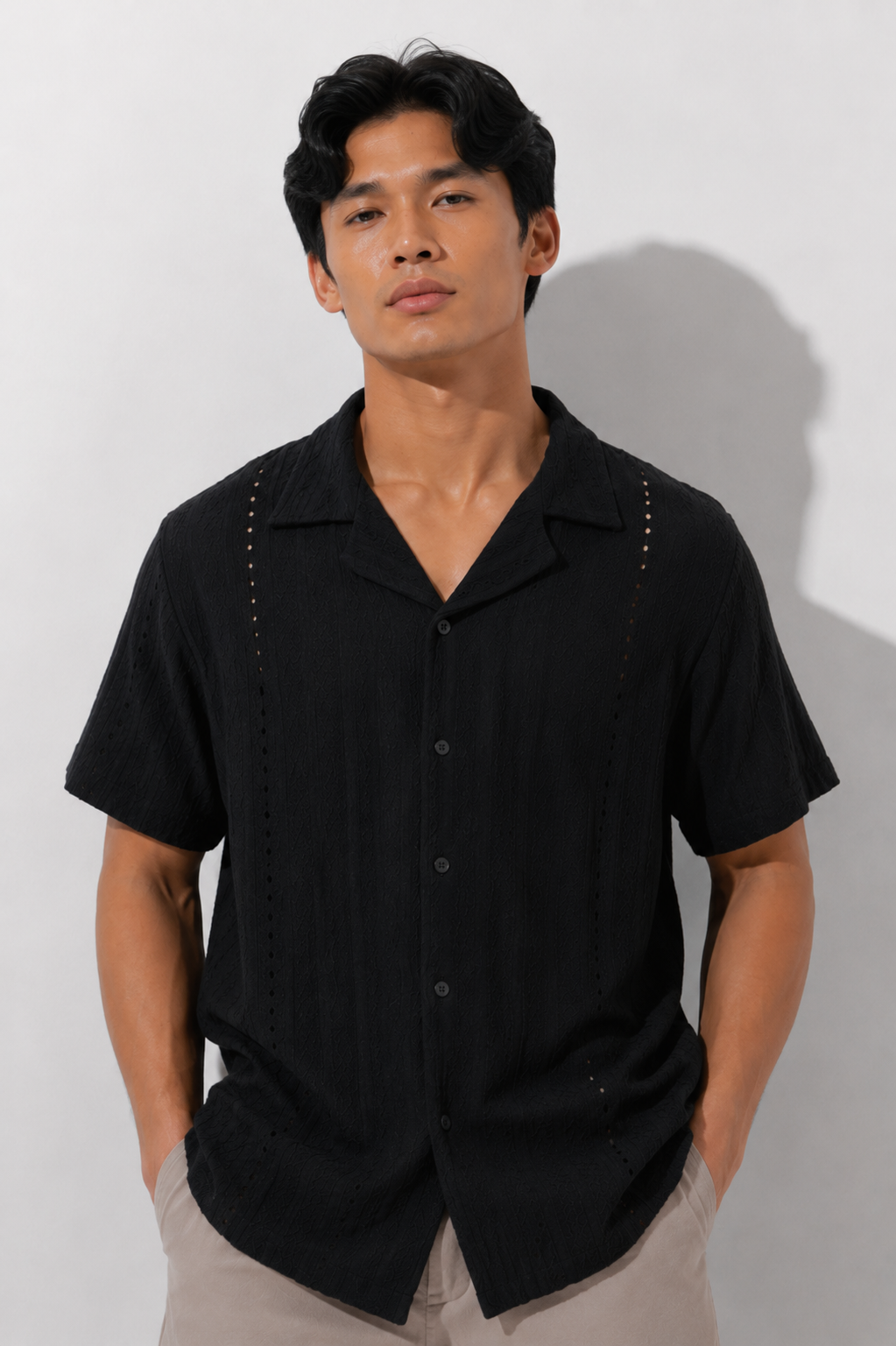 Black Textured Camp Shirt